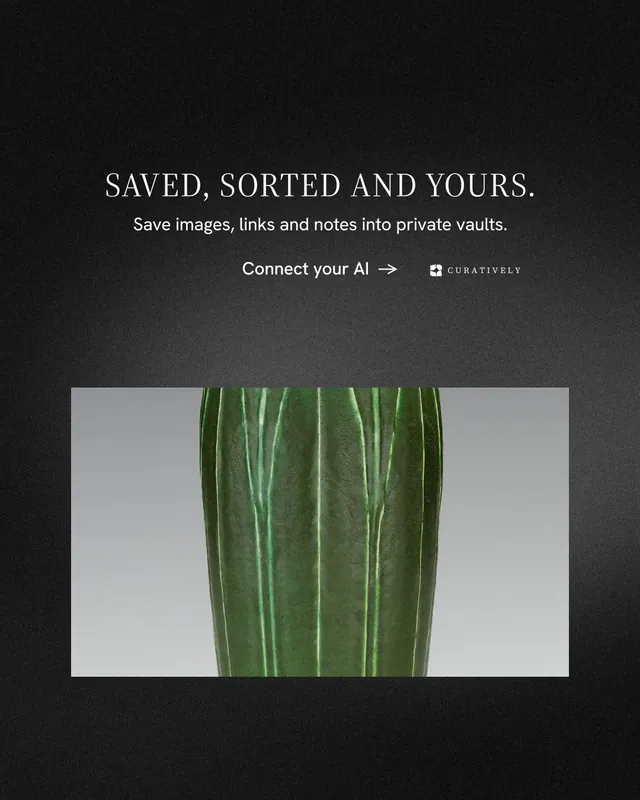 Instagram portrait post for Curatively: "Saved, sorted and yours." Minimal luxury style, centred layout, dark palette in black, grey.