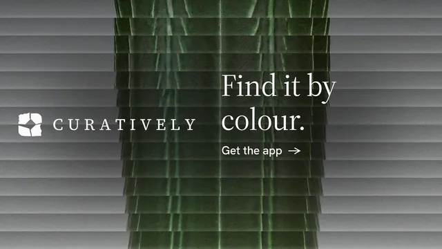 Landscape graphic for Curatively: "Find it by colour." Minimal luxury style, logo hero layout, dark palette in green, grey, black.