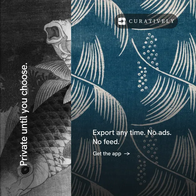 Instagram post for Curatively: "Private until you choose." Minimal luxury style, vertical layout, dark palette in black, blue, grey.