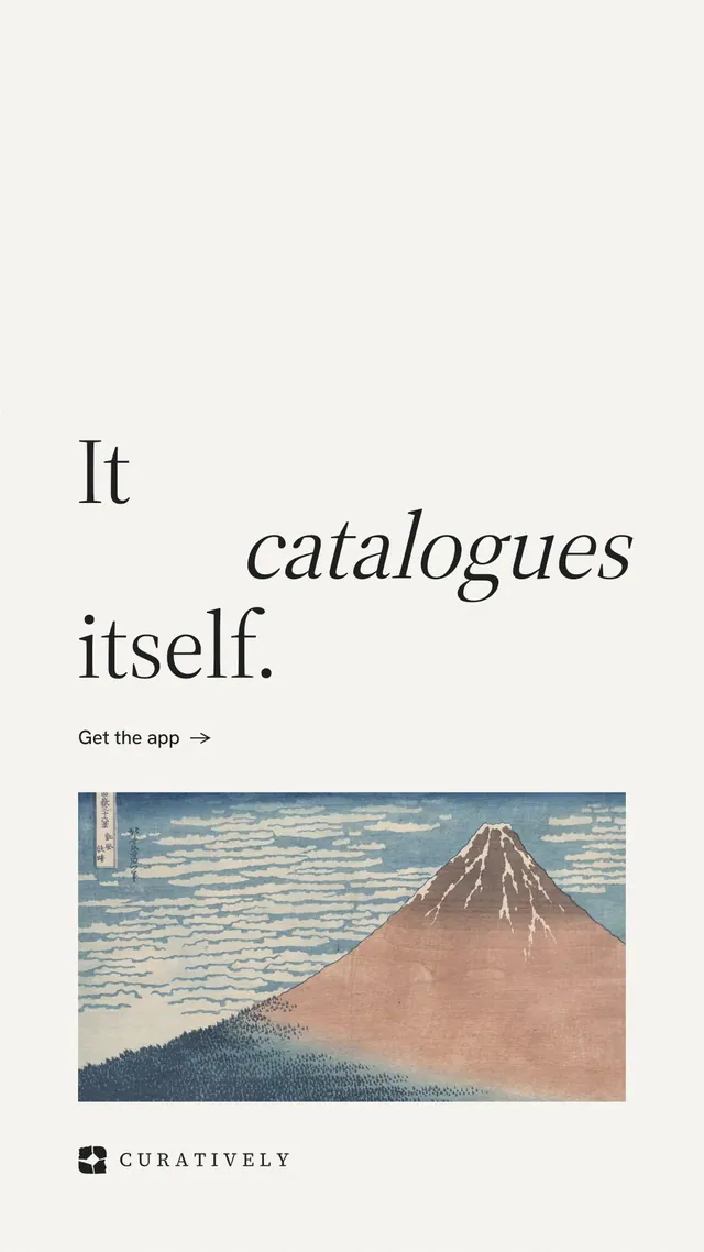 Instagram story for Curatively: "It catalogues itself." Minimal luxury style, stacked layout, light palette in white, grey.