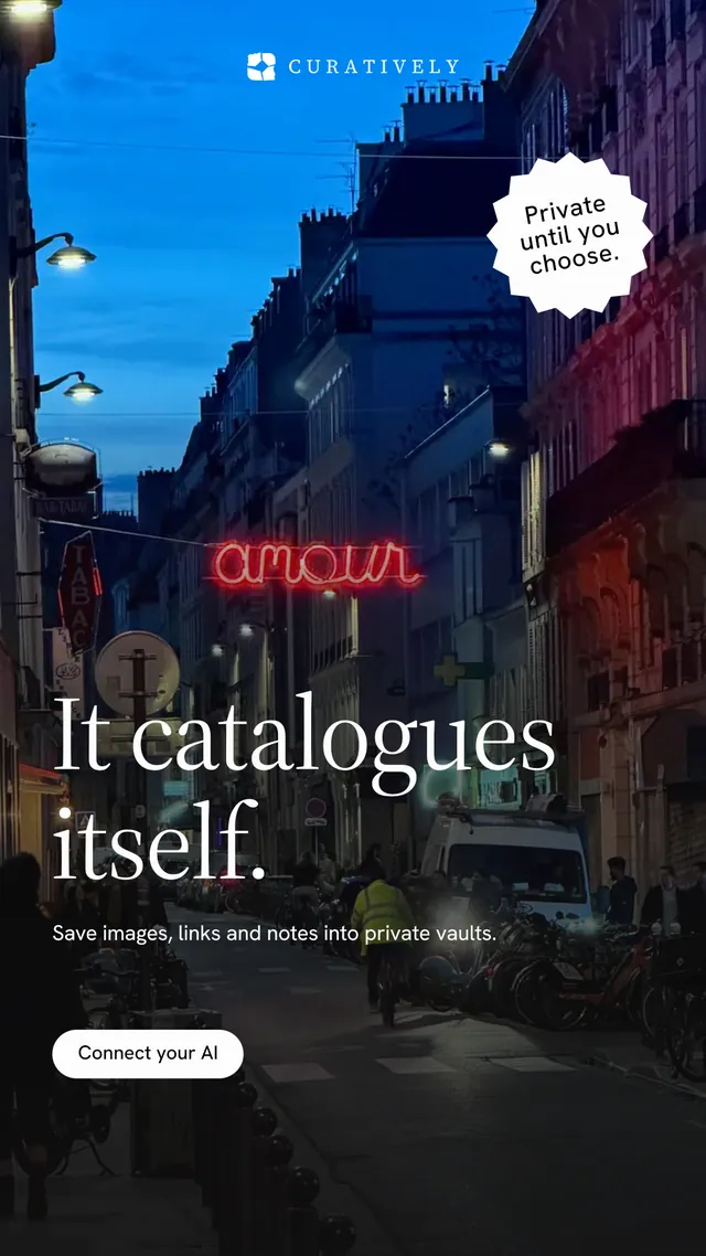 Instagram story for Curatively: "It catalogues itself." Photo poster style, sticker layout, dark palette in black, blue, pink.