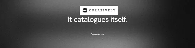 LinkedIn banner for Curatively: "It catalogues itself." Minimal luxury style, centred layout, dark palette in grey, black.