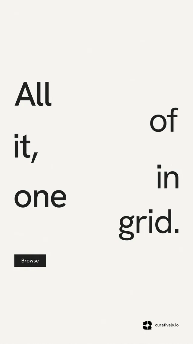 Instagram story for Curatively: "All of it, in one grid." Swiss style, stacked layout, light palette in white.