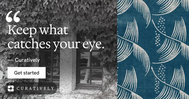 Social ad for Curatively: "Find it by colour." Swiss style, quote layout, dark palette in grey, black, blue.