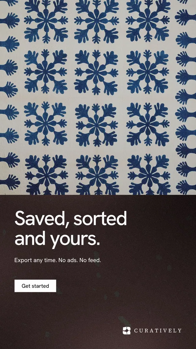Instagram story for Curatively: "Saved, sorted and yours." Swiss style, bottom layout, dark palette in grey, black, blue.