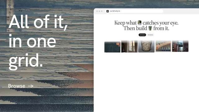 Landscape graphic for Curatively: "All of it, in one grid." Minimal luxury style, browser layout, light palette in white, grey.