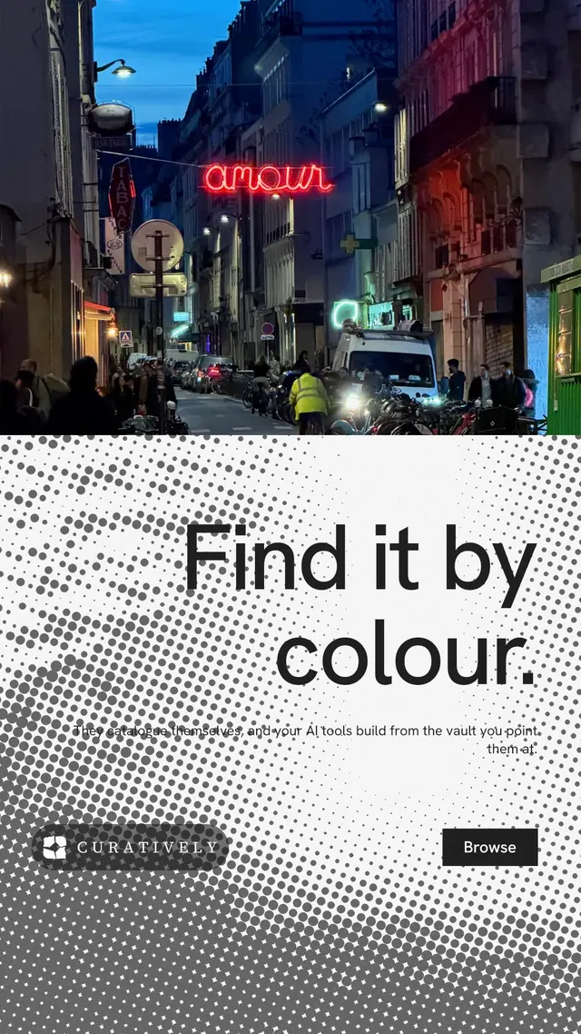 Instagram story for Curatively: "Find it by colour." Swiss style, right layout, light palette in white, purple, grey.