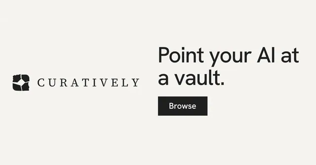 Social ad for Curatively: "Point your AI at a vault." Swiss style, logo hero layout, light palette in white.