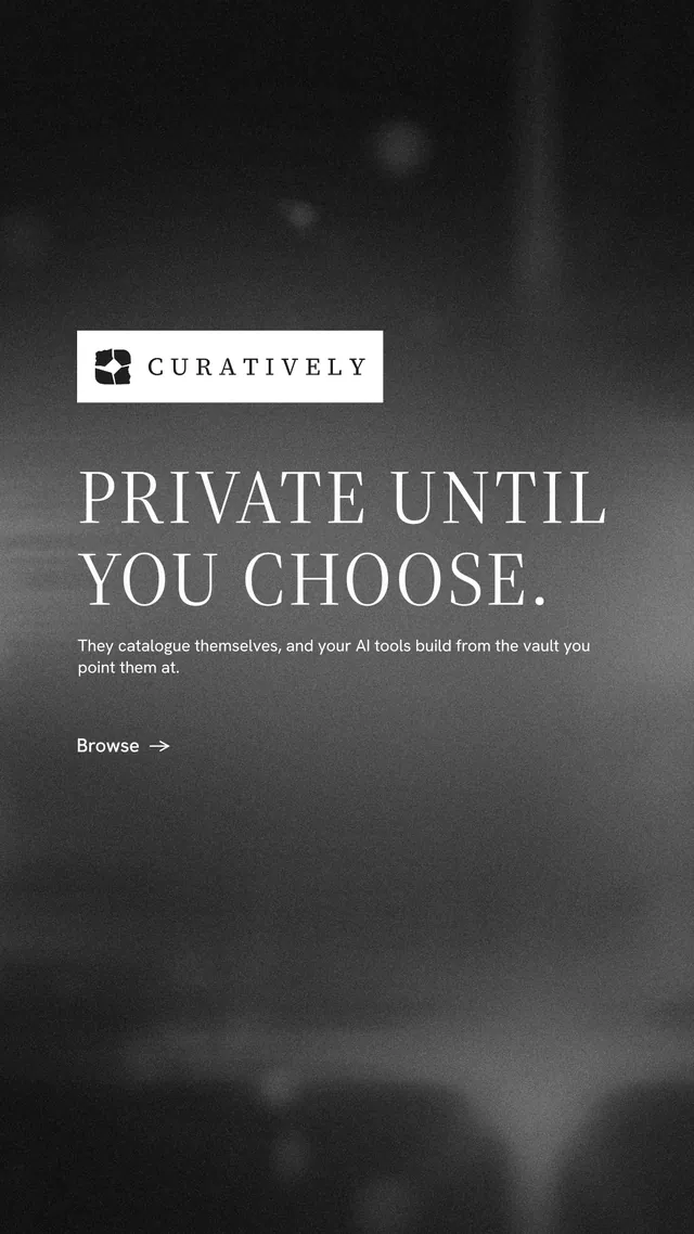 Instagram story for Curatively: "Private until you choose." Minimal luxury style, announce layout, dark palette in black, grey.