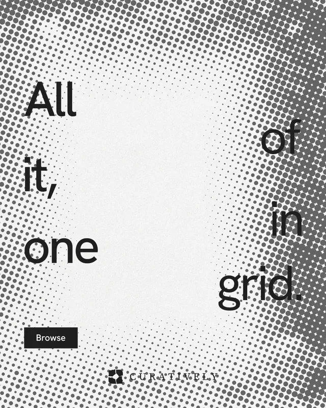 Instagram portrait post for Curatively: "All of it, in one grid." Swiss style, stacked layout, light palette in grey, white.