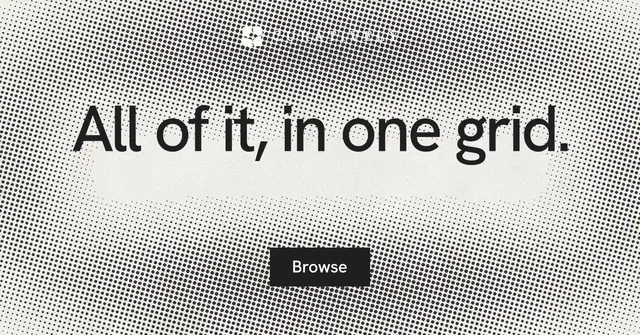 Social ad for Curatively: "All of it, in one grid." Swiss style, centred layout, light palette in grey, white.