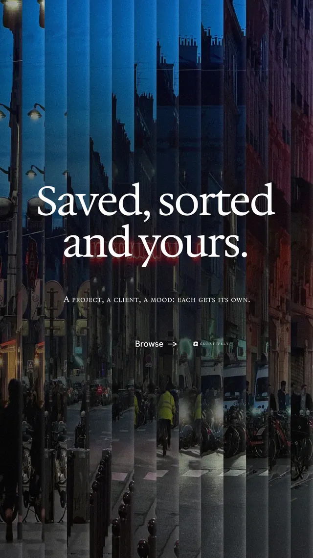 Instagram story for Curatively: "Saved, sorted and yours." Minimal luxury style, smallcaps layout, dark palette in black, blue.