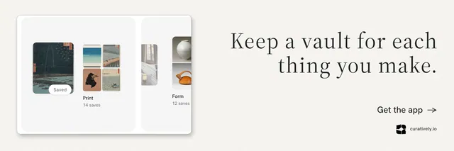 X header for Curatively: "Keep a vault for each thing you make." Minimal luxury style, right layout, light palette in white, grey.