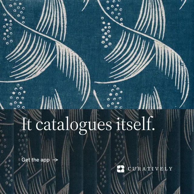 Instagram post for Curatively: "It catalogues itself." Minimal luxury style, bottom layout, dark palette in blue, grey.