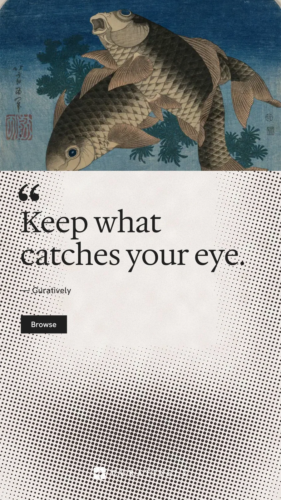 Instagram story for Curatively: "It catalogues itself." Swiss style, quote layout, light palette in grey, orange, white.