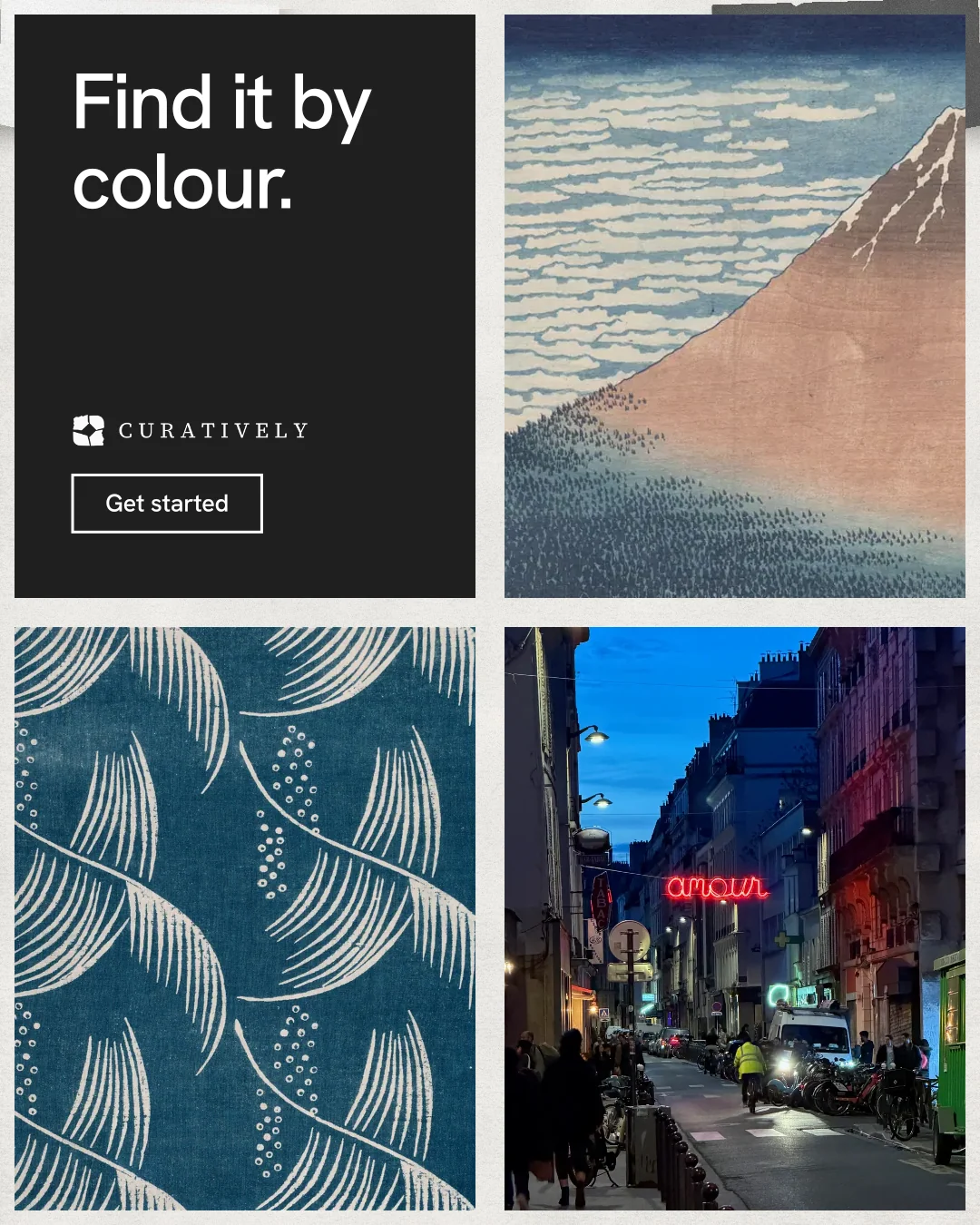 Instagram portrait post for Curatively: "Find it by colour." Editorial style, collage layout, dark palette in grey, black.