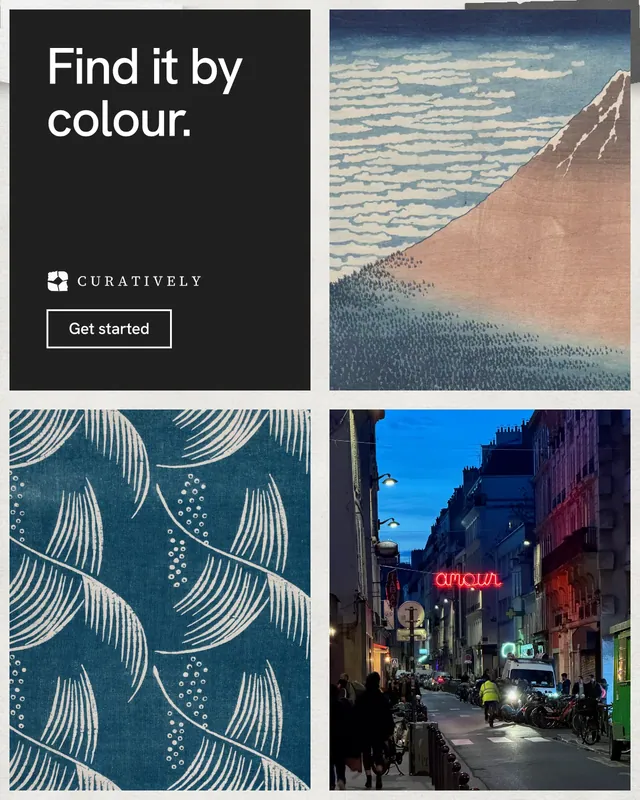 Instagram portrait post for Curatively: "Find it by colour." Editorial style, collage layout, dark palette in grey, black.