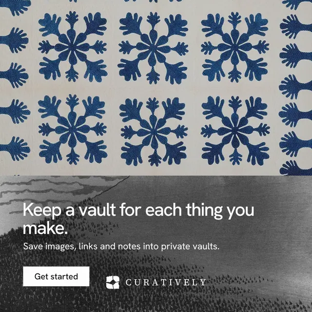 Instagram post for Curatively: "Keep a vault for each thing you make." Swiss style, bottom layout, light palette in grey, black.
