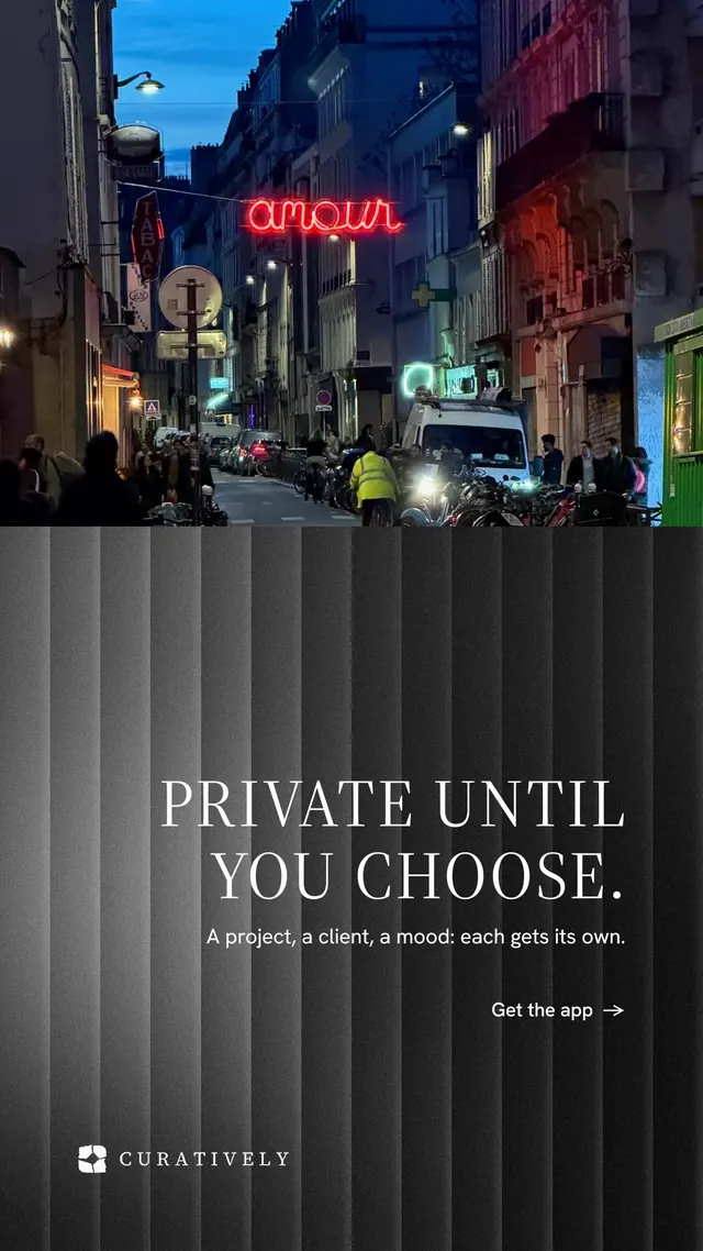 Instagram story for Curatively: "Private until you choose." Minimal luxury style, right layout, dark palette in black, grey.