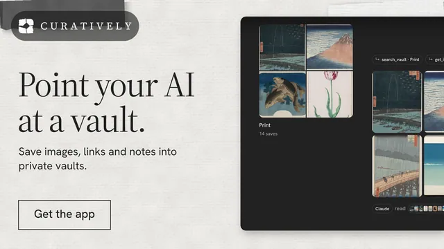 Landscape graphic for Curatively: "Point your AI at a vault." Editorial style, bottom layout, light palette in white, black, grey.