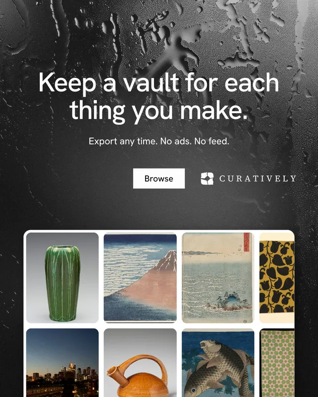 Instagram portrait post for Curatively: "Keep a vault for each thing you make." Swiss style, centred layout, dark palette in black, grey.