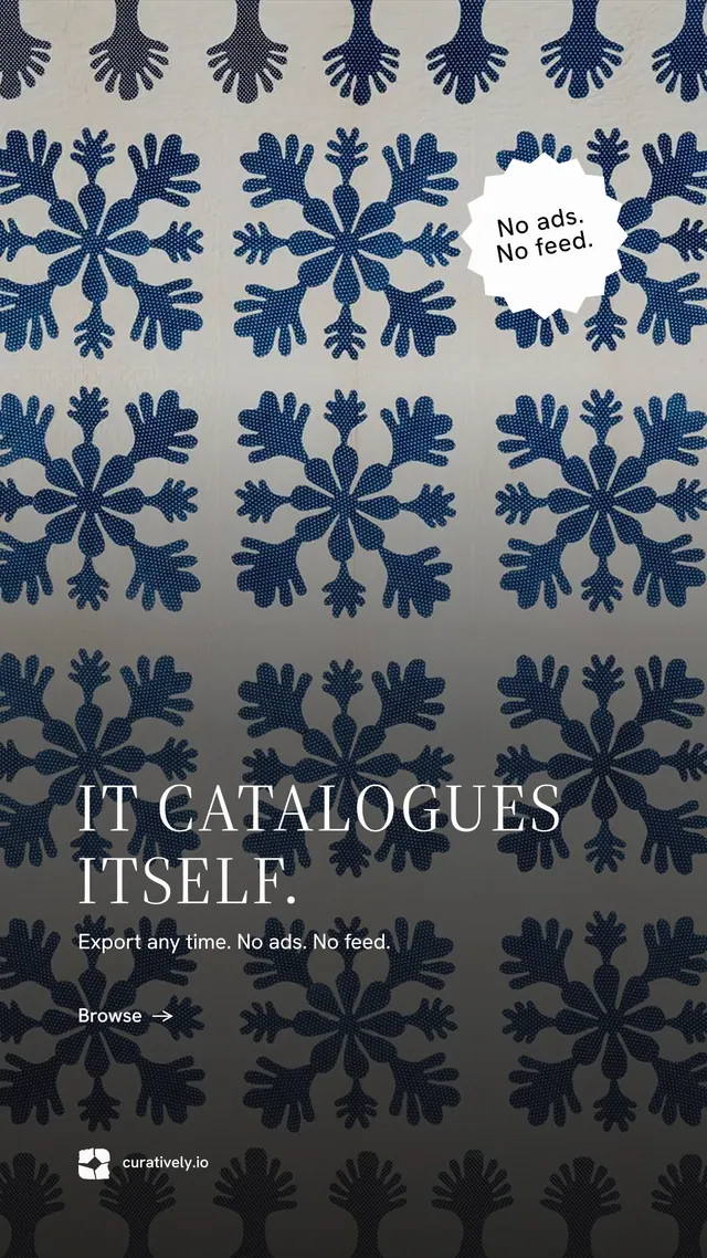 Instagram story for Curatively: "It catalogues itself." Minimal luxury style, sticker layout, dark palette in grey, black.