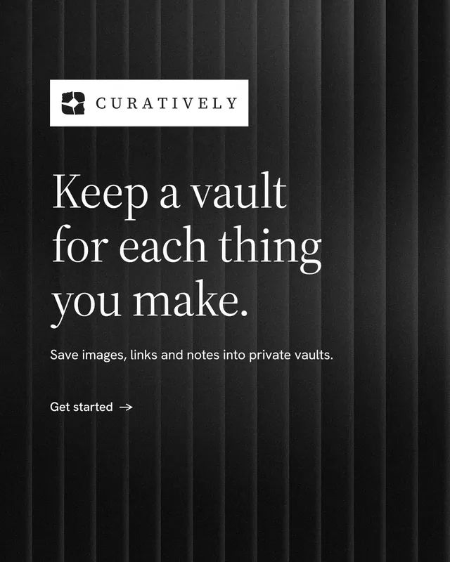 Instagram portrait post for Curatively: "Keep a vault for each thing you make." Minimal luxury style, announce layout, dark palette in black, grey.