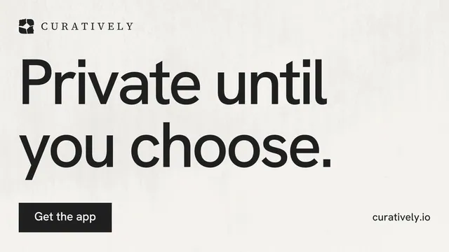 Landscape graphic for Curatively: "Private until you choose." Swiss style, poster layout, light palette in white, grey.