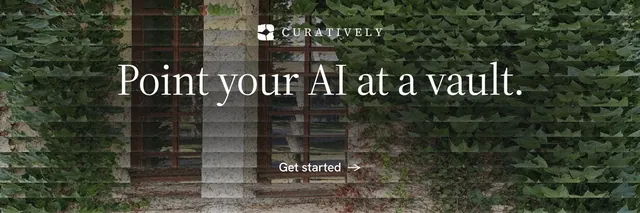X header for Curatively: "Point your AI at a vault." Minimal luxury style, centred layout, dark palette in black, grey.