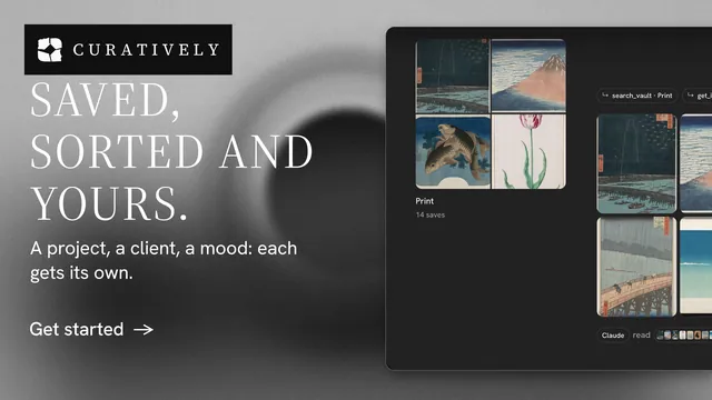 Landscape graphic for Curatively: "Saved, sorted and yours." Minimal luxury style, bottom layout, dark palette in black, grey.