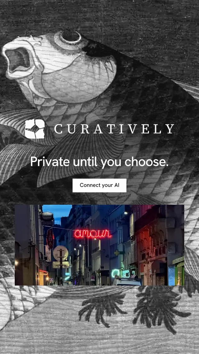 Instagram story for Curatively: "Private until you choose." Swiss style, logo hero layout, dark palette in black, grey.