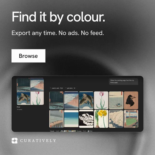 Instagram post for Curatively: "Find it by colour." Swiss style, skeleton layout, dark palette in grey, black.