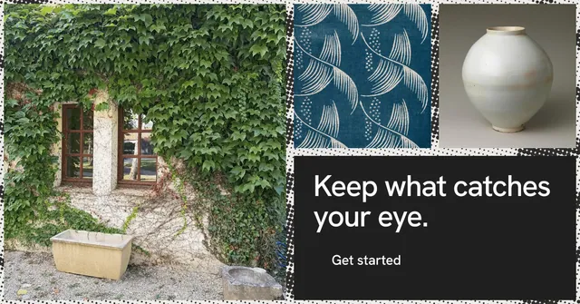 Social ad for Curatively: "Keep what catches your eye." Swiss style, collage layout, dark palette in grey, black.