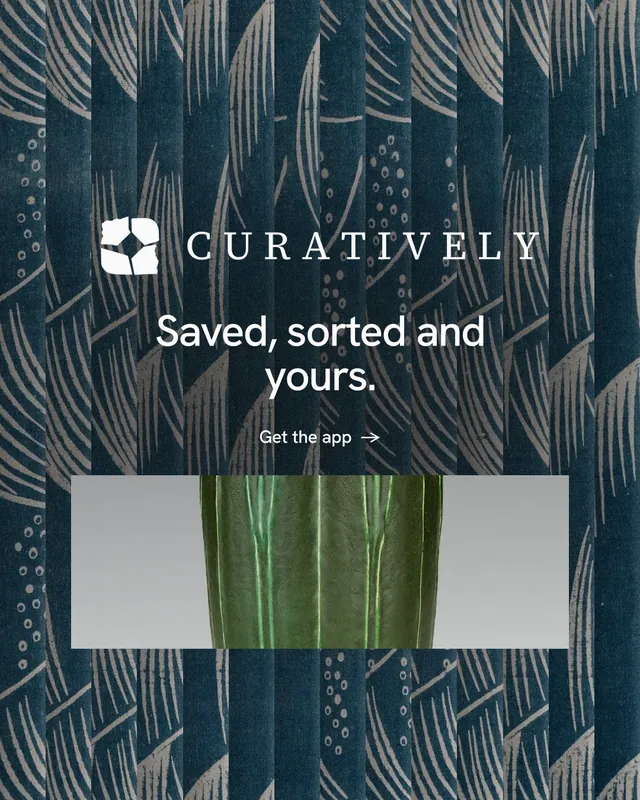 Instagram portrait post for Curatively: "Saved, sorted and yours." Minimal luxury style, logo hero layout, dark palette in grey, blue, black.