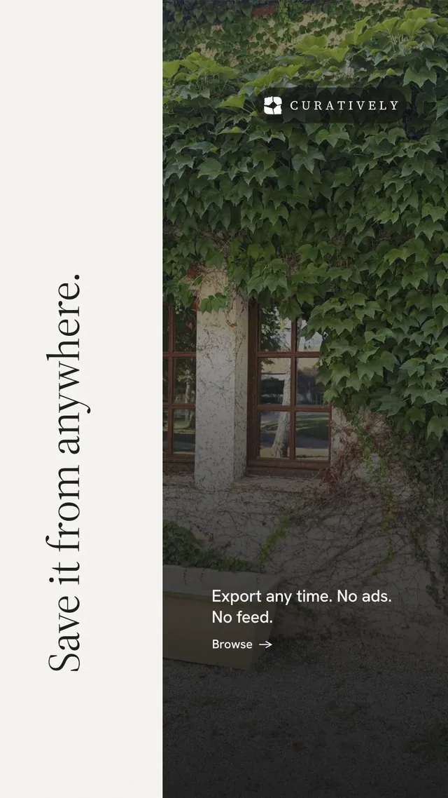 Instagram story for Curatively: "Save it from anywhere." Minimal luxury style, vertical layout, light palette in black, white, grey.