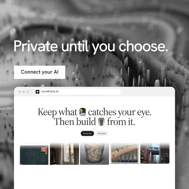 Instagram post for Curatively: "Private until you choose." Swiss style, browser layout, light palette in grey, white.