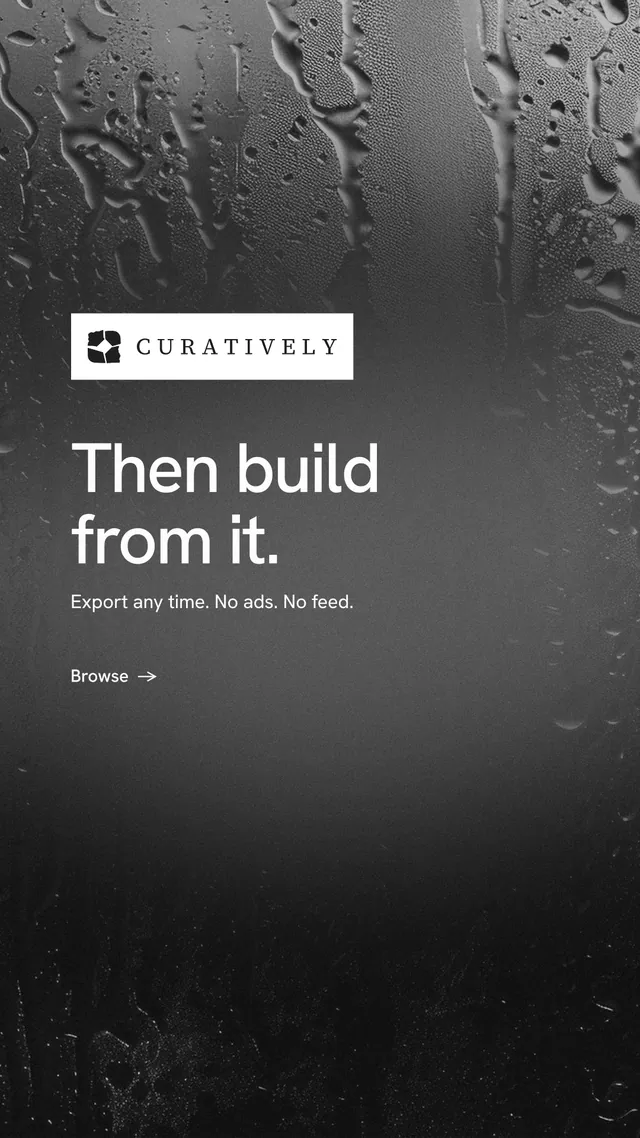 Instagram story for Curatively: "Then build from it." Minimal luxury style, announce layout, dark palette in black, grey.