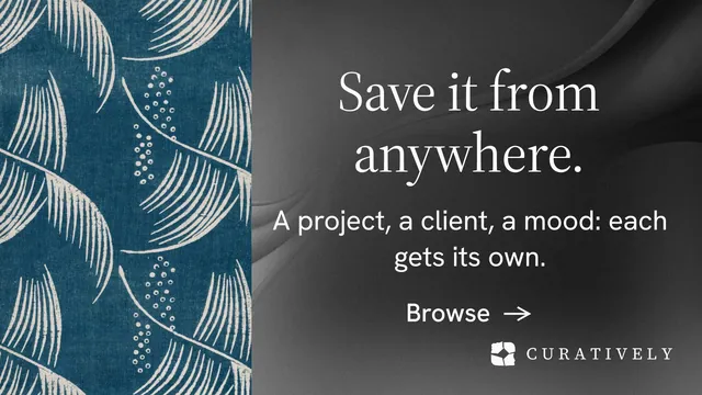 Landscape graphic for Curatively: "Save it from anywhere." Minimal luxury style, skeleton layout, dark palette in black, grey, blue.