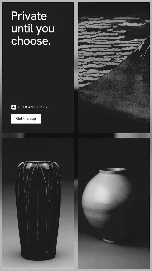 Instagram story for Curatively: "Private until you choose." Swiss style, collage layout, dark palette in grey, black.