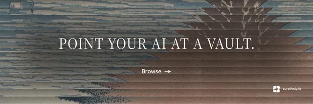 X header for Curatively: "Point your AI at a vault." Minimal luxury style, centred layout, dark palette in grey.