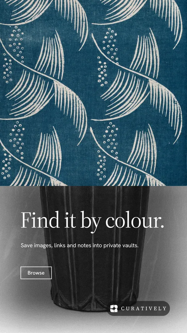 Instagram story for Curatively: "Find it by colour." Editorial style, bottom layout, dark palette in blue, grey.
