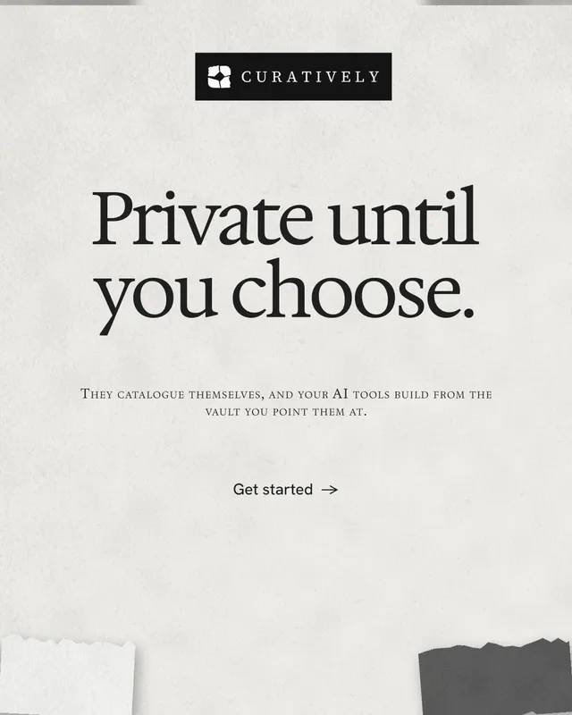 Instagram portrait post for Curatively: "Private until you choose." Swiss style, smallcaps layout, light palette in white, grey.