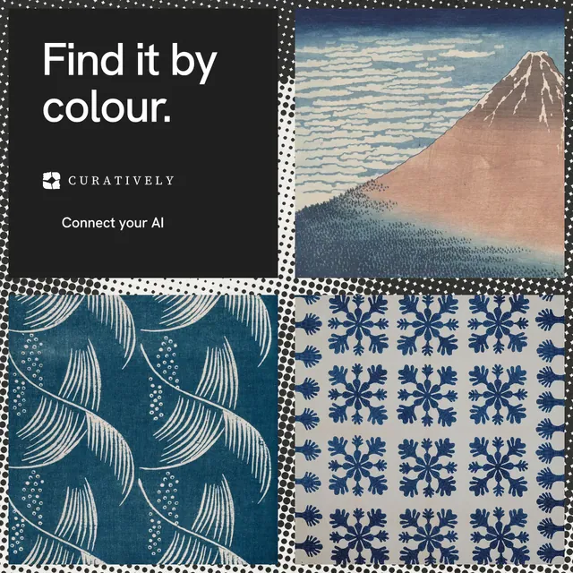 Instagram post for Curatively: "Find it by colour." Swiss style, collage layout, dark palette in grey, black, blue.