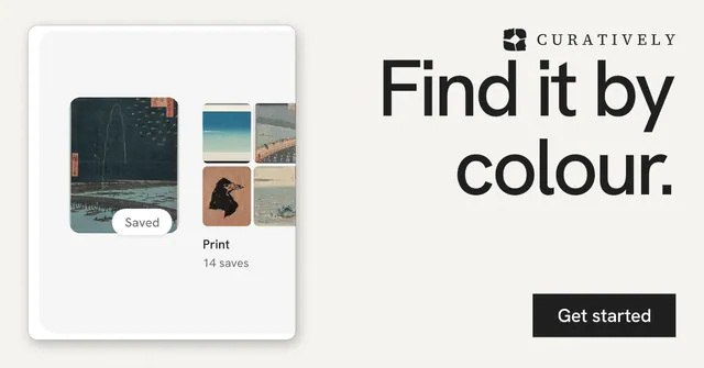 Social ad for Curatively: "Find it by colour." Swiss style, right layout, light palette in white, grey.