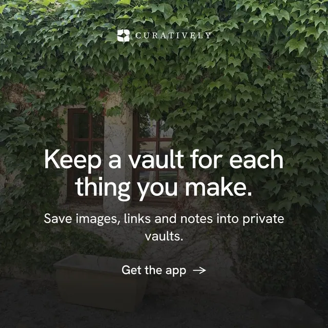 Instagram post for Curatively: "Keep a vault for each thing you make." Minimal luxury style, skeleton layout, dark palette in black, grey.