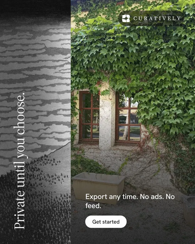 Instagram portrait post for Curatively: "Private until you choose." Photo poster style, vertical layout, dark palette in grey, black.