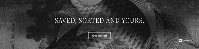 LinkedIn banner for Curatively: "Saved, sorted and yours." Editorial style, centred layout, dark palette in black, grey.