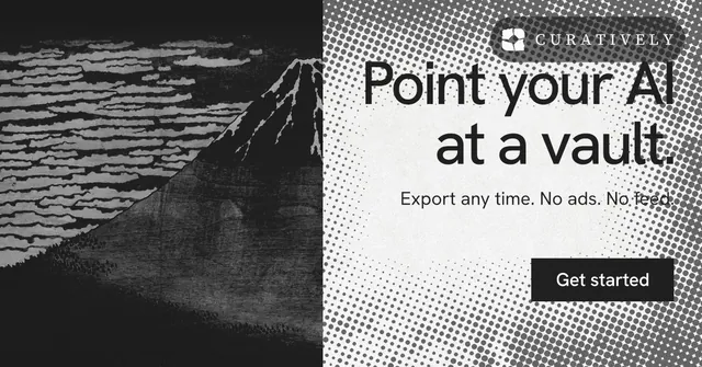 Social ad for Curatively: "Point your AI at a vault." Swiss style, right layout, light palette in black, grey, white.