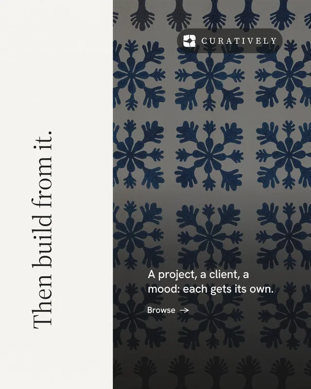 Instagram portrait post for Curatively: "Then build from it." Minimal luxury style, vertical layout, light palette in black, grey, white.
