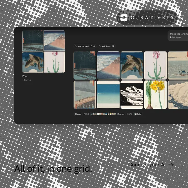 Instagram post for Curatively: "All of it, in one grid." Swiss style, image led layout, dark palette in grey, black.